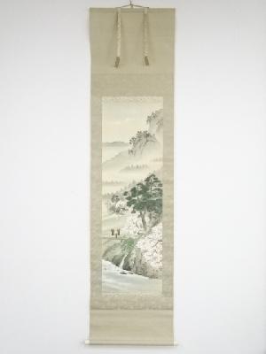 雪郷筆　春山水　肉筆絹本掛軸（保護箱）